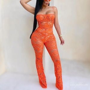 Orange Lace jumpsuit, lace bodysuit, orange lace